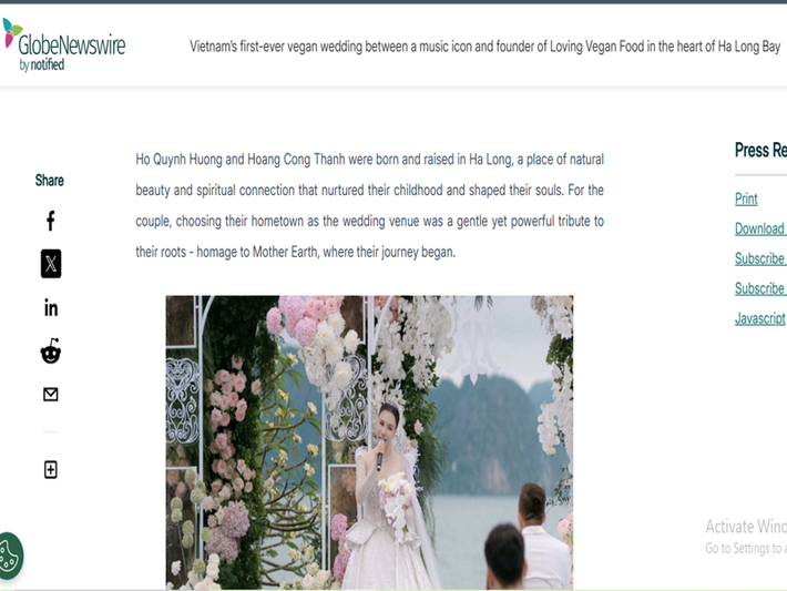 Trang GlobeNewswire cũng có bài viết riêng về đám cưới Hồ Quỳnh Hương. Ảnh chụp màn hình.