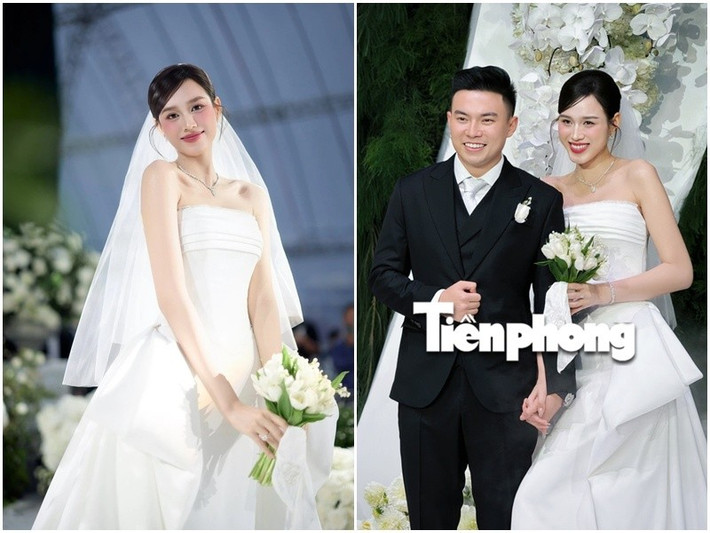 Diện váy cưới cúp ngực, phần eo thắt nơ lớn, nàng hậu khoe nhan sắc đẹp không tỳ vết. Ảnh: Tiền Phong, Znews.
