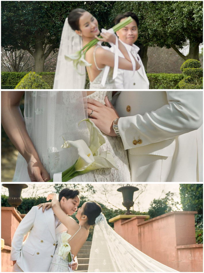 Vợ chồng Hương Ly chụp ảnh bối cảnh ngoài trời như công viên, trên bờ biển. Đôi uyên ương còn ghi lại những khoảnh khắc dạo phố, ngắm tranh trong bảo tàng.