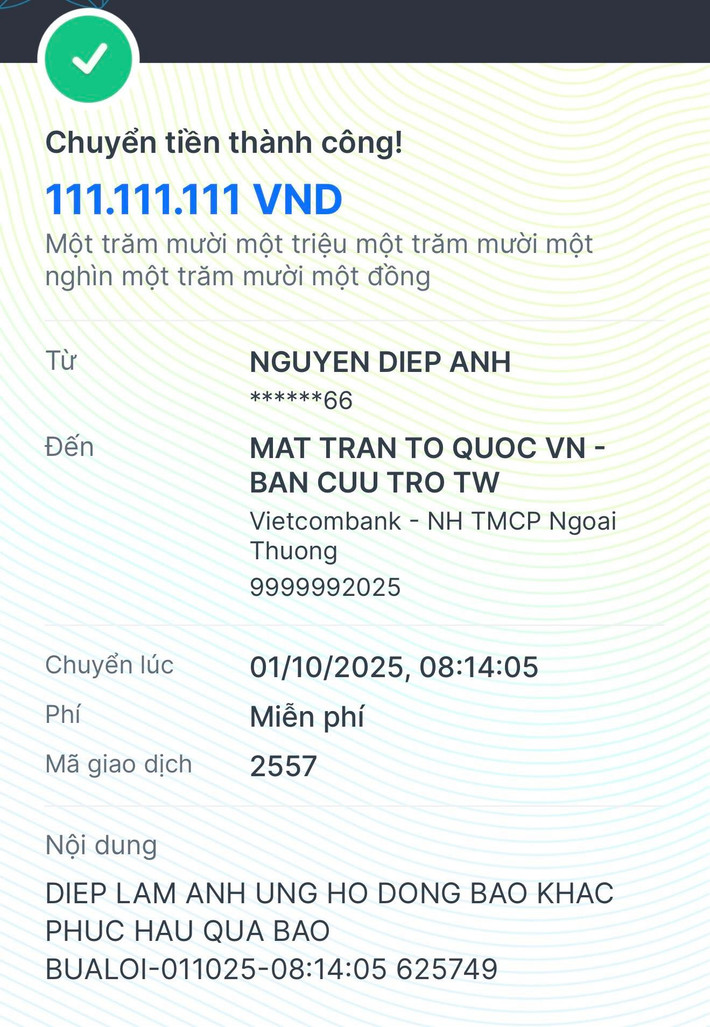 Diệp Lâm Anh quyên góp hơn 100 triệu đồng cho bà con vùng lũ. Ảnh: FB Diệp Lâm Anh.
