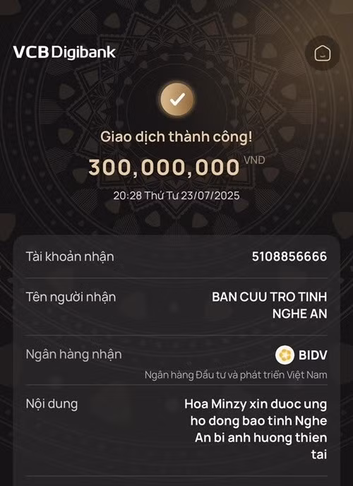 Tháng 7/ 2025, Hòa Minzy đóng góp 300 triệu từ thiện hỗ trợ người dân bị ảnh hưởng bởi bão Wipha.