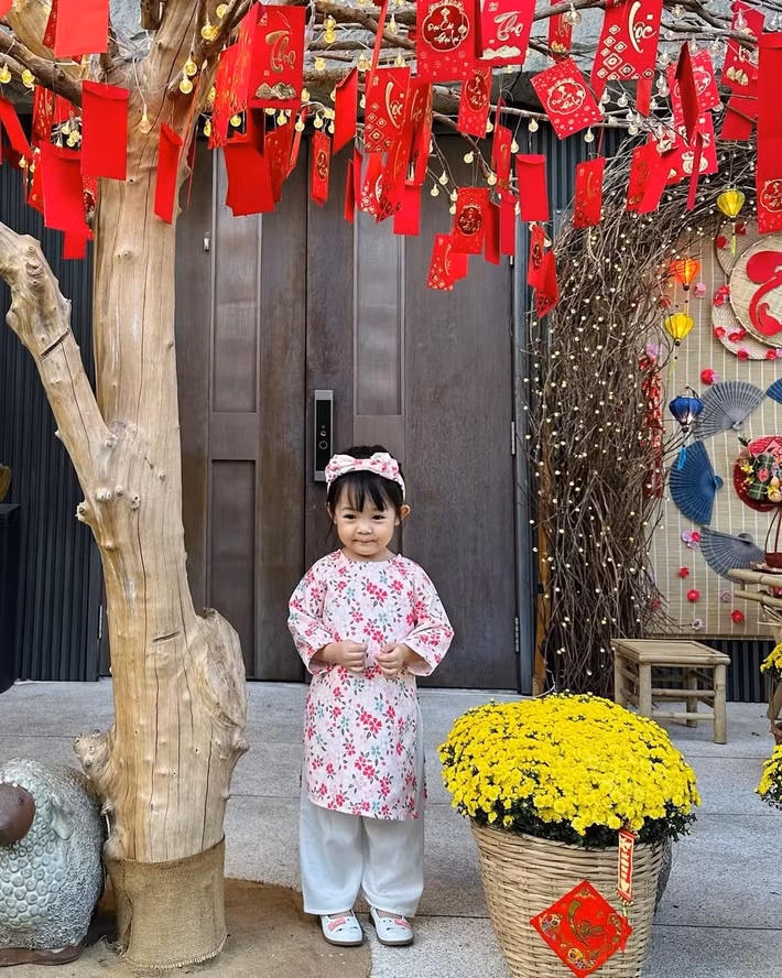 Khoảnh khắc con gái Đàm Thu Trang - Cường Đô la diện áo dài bên không gian ngập sắc xuân mang đến cảm giác ấm áp, bình yên. Ảnh: Instagram Suchin - Sutin.