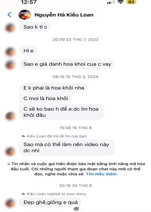 Kẻ mạo danh Kiều Loan từng nhắn tin làm phiền nàng hậu. Kiều Loan cho biết, cô lên tiếng khi bị mạo danh để không ai bị lừa. Ảnh: FB Kiều Loan.
