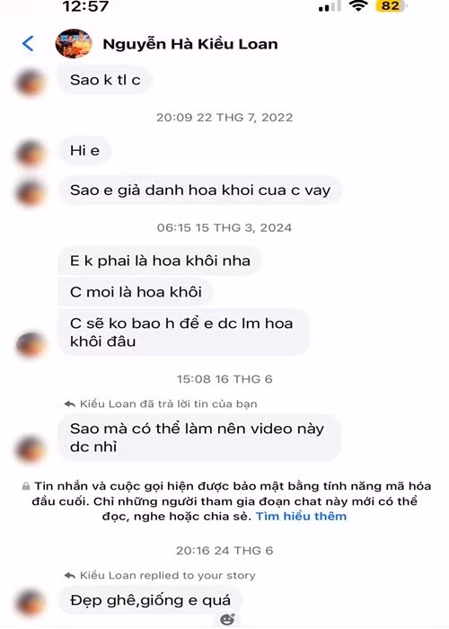 Kẻ mạo danh Kiều Loan từng nhắn tin làm phiền nàng hậu. Kiều Loan cho biết, cô lên tiếng khi bị mạo danh để không ai bị lừa. Ảnh: FB Kiều Loan.