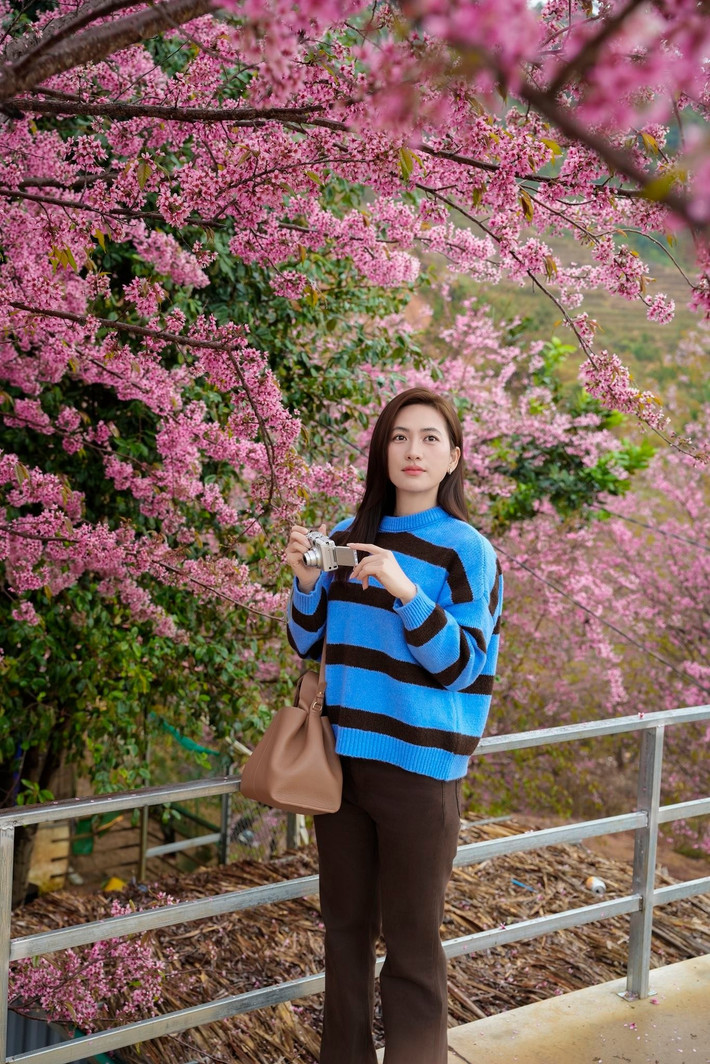 Trên trang cá nhân, người đẹp viết: "Hôm mình đi, chắc cây 'đào' rừng này xum xuê hoa nhất đồi Móng Ngựa. Chuyến đi gần 600km, say đèo Khau Phạ chỉ để đến Mù Căng Chải - Yên Bái thăm lần đầu, thích mê nha". Ảnh: FB Phương Anh Đào.