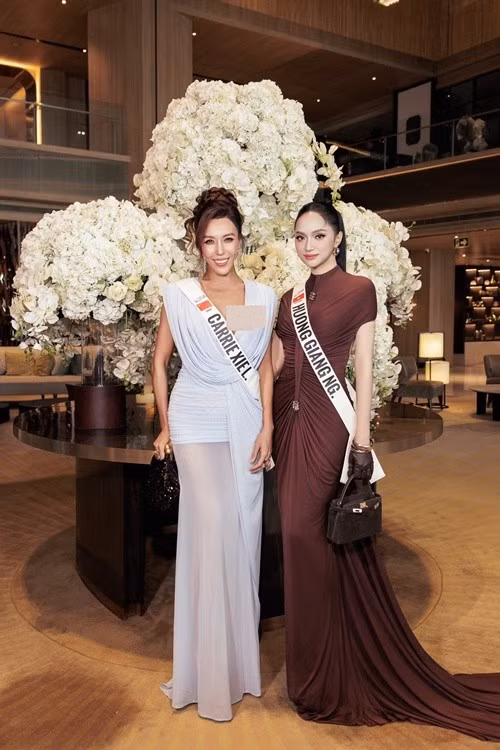 Đại diện Việt Nam chuyển sang hình ảnh sang trọng với váy nâu ôm sát cơ thể. Thiết kế hở lưng giúp người đẹp khoe bờ vai mảnh và vóc dáng cân đối. Trong những ngày qua, người đẹp ưu tiên các thiết kế tôn đường cong, đồng thời thay đổi màu sắc để tránh cảm giác một màu.