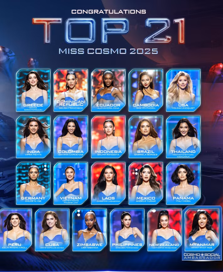 Top 21 Miss Cosmo 2025 gồm đại diện: Việt Nam, Lào, Campuchia, Thái Lan, Myanmar, Indonesia, Philippines, Hy Lạp, Zimbabwe, New Zealand, Ấn Độ, Mỹ, Mexico, Panama, Cuba, Cộng hòa Dominica, Brazil, Colombia, Ecuador, Peru, Đức. Ảnh: Miss Cosmo.