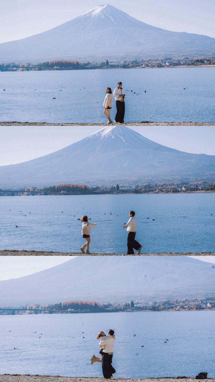 Trong tuần trăng mật ở Nhật Bản, Đình Tú và Ngọc Huyền du lịch núi Phú Sĩ, ngắm lá đỏ. Ảnh: FB Đình Tú.