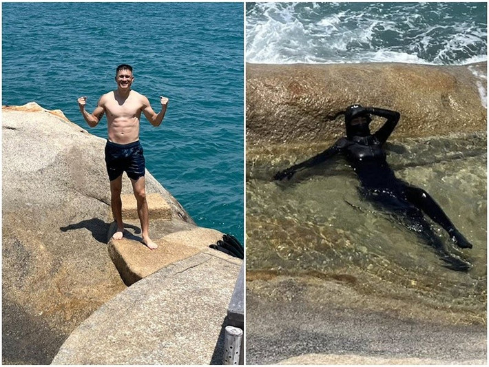 Trên trang cá nhân, Công Vinh đăng tải một số hình ảnh "dìm hàng" Thủy Tiên khi cả hai đi tắm biển. Ảnh: FB Công Vinh.