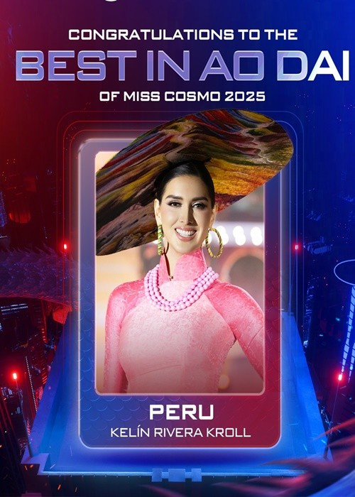 Đại diện Peru - Kelin Rivera Kroll giành giải Thí sinh diện áo dài đẹp nhất. Top 5 giải thưởng này gồm các đại diện: Bahamas, Philippines, Ecuador và Việt Nam. Ảnh: Miss Cosmo.