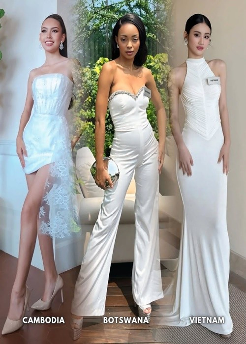 Chuyên trang sắc đẹp quốc tế Missosology thường xuyên đăng tải hình ảnh Ý Nhi. Mới đây, Missosology chia sẻ hình ảnh đại diện Việt Nam cùng các đại diện diện trang phục tông trắng trong ngày thứ 8 của cuộc thi. Ảnh: Missosology.