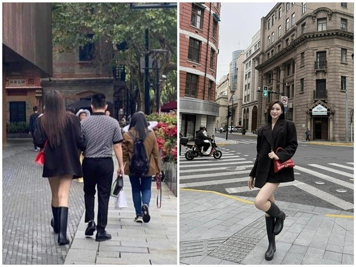 Tháng 10/2024, một tài khoản mạng đăng tải hình ảnh chụp Đỗ Thị Hà và Viết Vương sánh đôi trên đường phố Thượng Hải (Trung Quốc) từ phía sau hai người. Ảnh: Znews, FB Đỗ Thị Hà.