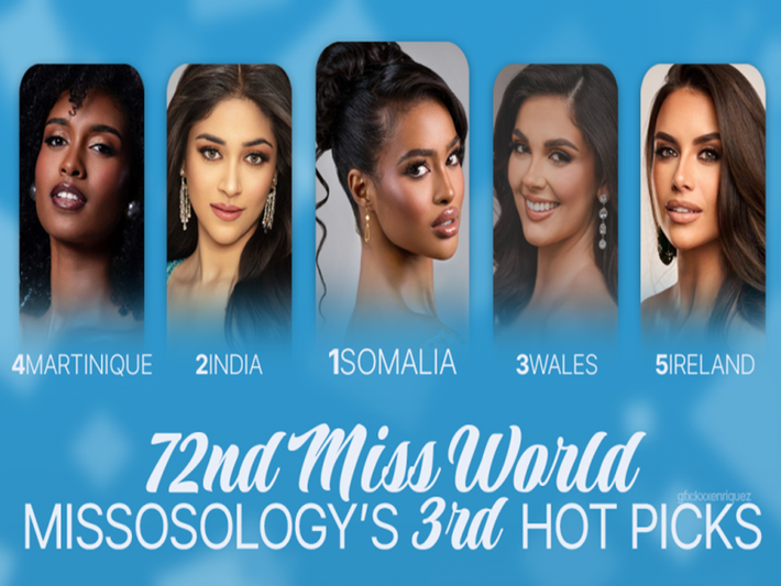 Top 5 Miss World 2025 theo dự đoán của Missosology gồm đại diện Wales – Millie-Mae Adams, đại diện Martinique – Aurelie Joachim và đại diện Ireland – Jasmine Gerhardt. Ảnh: Missosology.