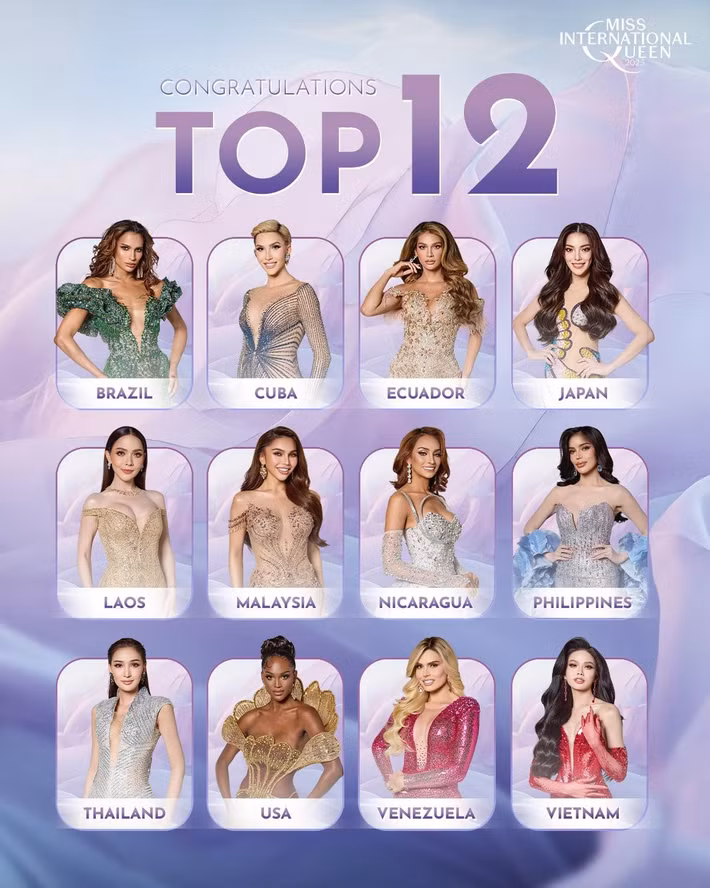 Top 12 Hoa hậu Chuyển giới Quốc tế 2025 gồm: Cuba, Ecuador, Lào, Mỹ, Việt Nam, Philippines Nhật Bản, Malaysia, Nicaragua, Thái Lan, Venezuela và Brazil. Thí sinh Ecuador giành giải Trang phục dạ hội đẹp nhất, Thái Lan đoạt giải Hoa hậu ăn ảnh. Ảnh: Miss International Queen.