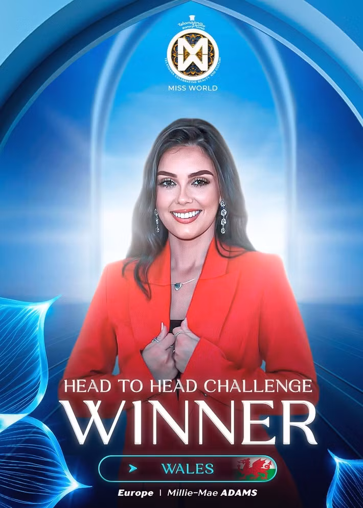 Millie-Mae Adams là thí sinh giành chiến thắng ở khu vực châu Âu trong phần thi Thử thách đối đầu ở Miss World 2025. Nhờ vậy, đại diện Wales vào top 40 chung cuộc. Ảnh: Miss World.