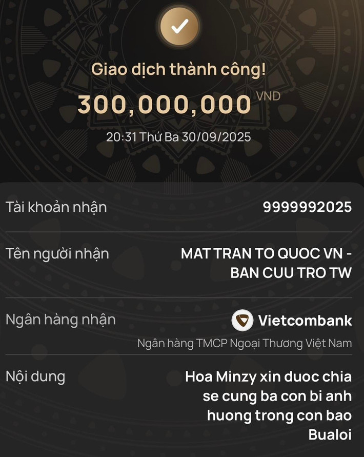 Trên trang cá nhân, Hòa Minzy tiết lộ, cô ủng hộ 300 triệu đồng để giúp đỡ bà con chịu ảnh hưởng bởi cơn bão số 10 Bualoi. Ảnh: FB Hòa Minzy.