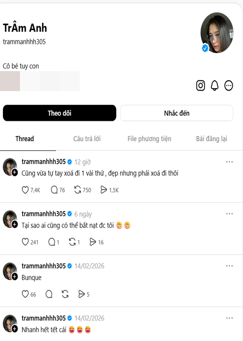 Trước đó, tối 22/2, Trâm Anh – bà xã của rapper JustaTee – bất ngờ đăng trên Threads dòng trạng thái ngắn gọn nhưng đầy ẩn ý: “Cũng vừa tự tay xóa đi một vài thứ, đẹp nhưng phải xóa đi thôi”. Ảnh: Threads Trâm Anh.