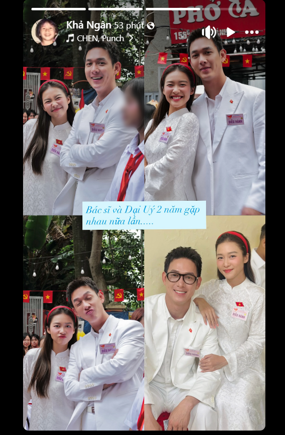 Cặp đôi diễn viên phim Hậu duệ mặt trời bản Việt vui vẻ trò chuyện sau 2 năm gặp lại. Ảnh: Instagram Khả Ngân.