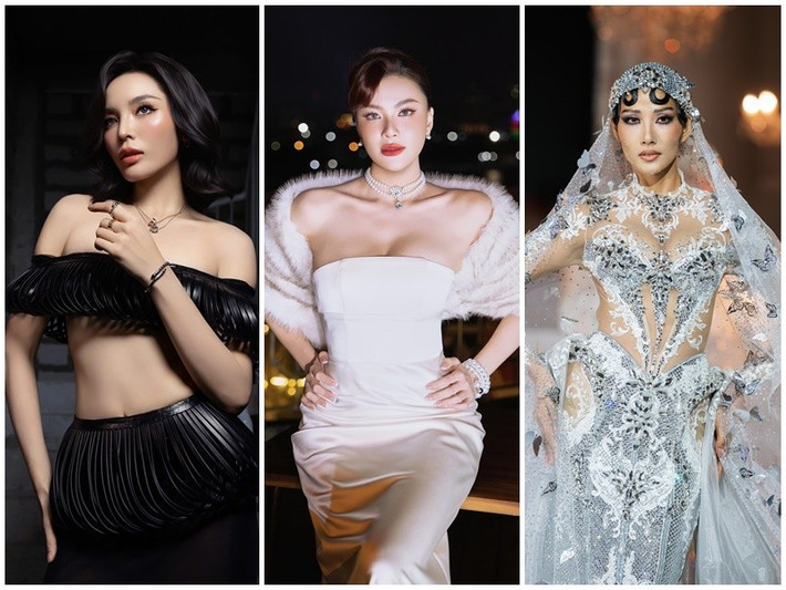 Kim Duyên (giữa) đoạt á hậu 1 Hoa hậu Hoàn vũ Việt Nam 2019, vào top 16 Miss Universe 2021. Hoàng Thùy (ngoài cùng bên phải) đoạt á hậu 1 Hoa hậu Hoàn vũ Việt Nam 2017, vào top 20 Miss Universe 2019. Trong khi đó, Kỳ Duyên đăng quang Miss Universe Vietnam 2024, vào top 30 Miss Universe 2024. Ảnh: FB Kim Duyên, Hoàng Thùy, Kỳ Duyên.