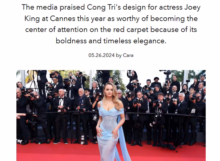 Ngày 26/5/2024, tờ L'Officiel của Pháp đăng tải bài viết với tiêu đề: “Joey King diện thiết kế của Công Trí xuất hiện trên thảm đỏ Cannes”. Ảnh chụp màn hình.
