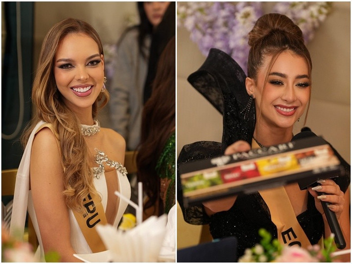 Theo Tiền Phong, ít ngày trước, trong buổi tiệc tối cùng ông Nawat - Chủ tịch Miss Grand Intenational, khi đại diện Ecuador - Samantha Quenedit khoe sản phẩm chocolate, Flavia Lopez bất ngờ chen ngang, nói rằng ca cao để làm chocolate đến từ Peru. Ảnh: Miss Grand International.