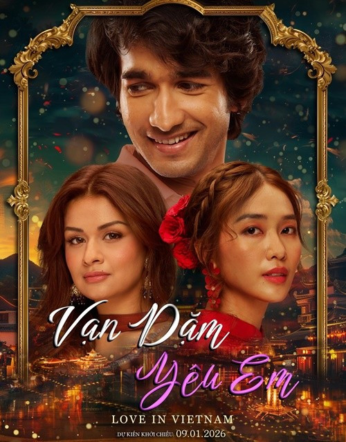 Vạn dặm yêu em - Love in Vietnam là dự án điện ảnh hợp tác đầu tiên giữa Việt Nam - Ấn Độ. Phim dự kiến ra rạp vào đầu năm 2026. Theo VTV, Vạn dặm yêu em kể về Manav - thiếu gia của một gia đình tỷ phú Ấn Độ đến Việt Nam theo học ngành nông nghiệp rồi yêu Linh. Tuy nhiên, sau đó Manav trở về Ấn Độ. Nhiều năm sau, khi sang Việt Nam tổ chức đám cưới với Simi, Manav tình cờ gặp lại Linh. Ảnh: FB Khả Ngân.