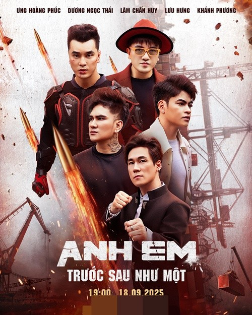 Trước đó, MV Anh em trước sau như một của Ưng Hoàng Phúc và Khánh Phương, Dương Ngọc Thái, Lâm Chấn Huy và Lưu Hưng vướng nghi vấn quảng cáo web cá độ. Ảnh: FB Ưng Hoàng Phúc.