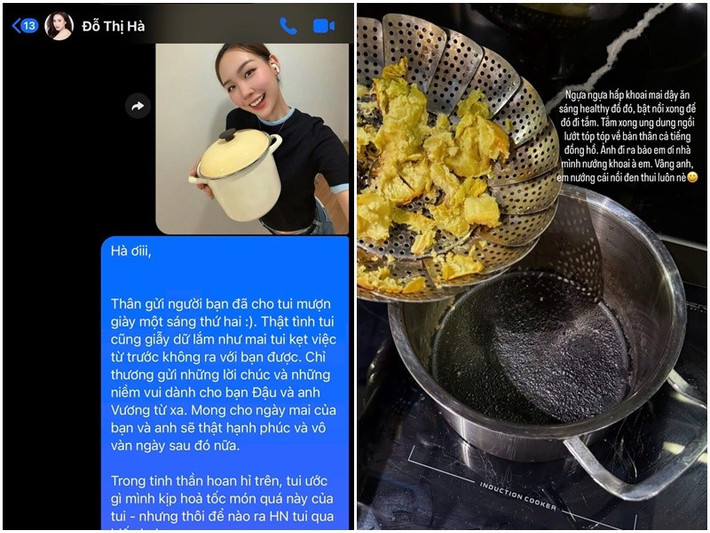 Trước đó, Đỗ Thị Hà chia sẻ hình ảnh nồi hấp khoai bị cháy đen kịt. Ảnh: FB Bảo Ngọc.