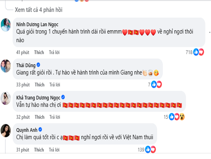 Ninh Dương Lan Ngọc nhắn nhủ Hương Giang: "Quá giỏi trong 1 chuyến hành trình dài rồi em. Về nghỉ ngơi thôi nào". Á hậu Quỳnh Anh động viên Hương Giang: "Chị làm quá tốt rồi chị". Ảnh: FB Hương Giang.