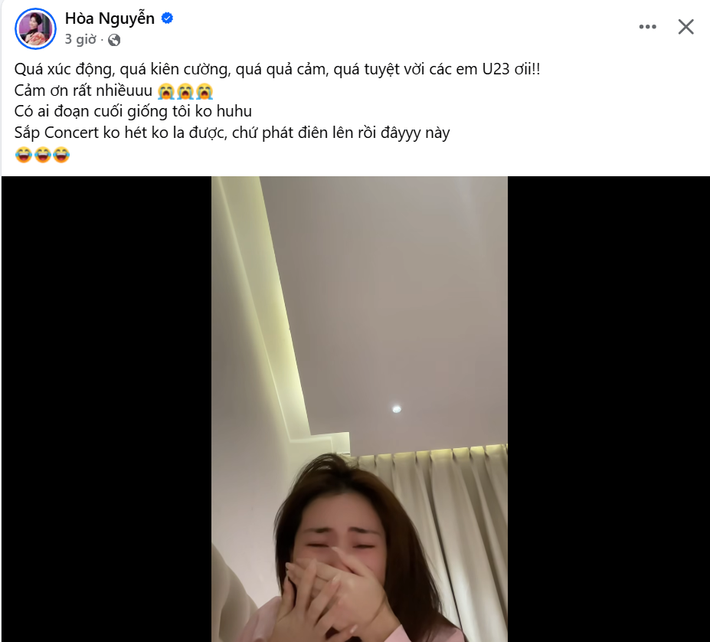 U23 Việt Nam giành huy chương đồng (HCĐ) tại vòng chung kết U23 châu Á 2026. Trước chiến thắng của đội tuyển Việt Nam, Hòa Minzy vô cùng xúc động. Cô đã bật khóc khi theo dõi những phút cuối của trận đấu. Ảnh: FB Hòa Minzy.