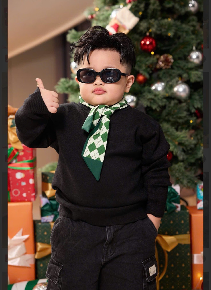 Bé Phin - con trai Lê Dương Bảo Lâm chụp ảnh bên cây thông, đón mừng Giáng sinh. Cậu nhóc diện chiếc áo len đen dài tay phối cùng quần cargo cùng tông màu, đeo khăn họa tiết caro xanh - trắng, mái tóc được vuốt dựng chỉn chu.