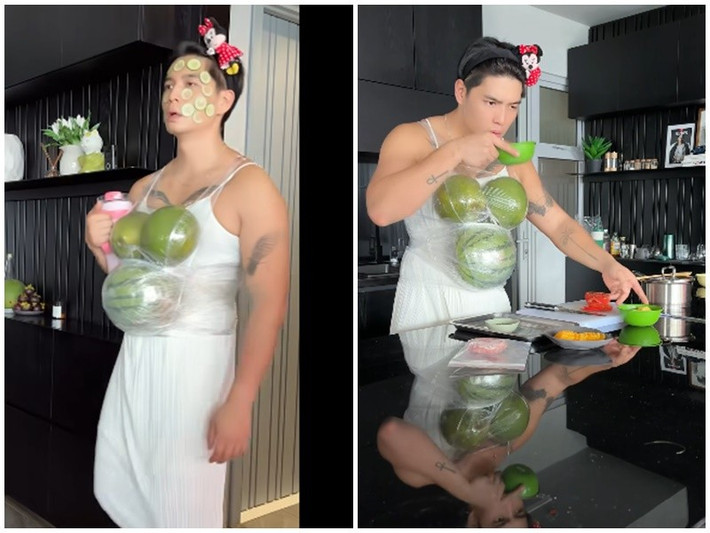 Hóa bà bầu, Huy Trần có nhiều biểu cảm hài hước khi thể hiện cảm giác ốm nghén, cảm giác bốc hỏa. Ảnh: FB Huy Trần.