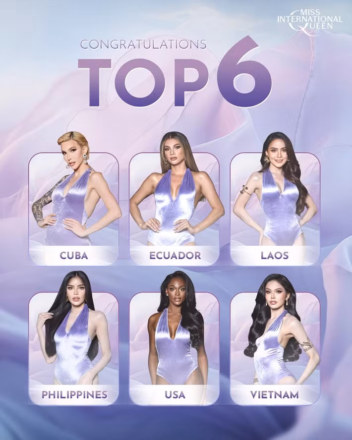 Ban tổ chức công bố top 6 trong chung kết gồm: Cuba, Ecuador, Lào, Mỹ, Việt Nam và Philippines. Ảnh: Miss International Queen.