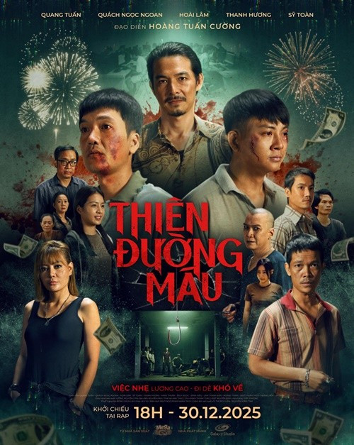 Theo Phụ Nữ TP HCM, Thiên đường máu (khởi chiếu Tết dương lịch 2026) có nội dung xoay quanh tệ nạn lừa đảo người Việt qua nước ngoài làm việc. Chuyện phim tập trung vào hành trình Tuấn (Quang Tuấn đóng) giải cứu cô em gái Út Tâm (Bích Ngọc đóng) đang rơi vào tay bọn xấu. Đồng hành với Tâm là Thành (Hoài Lâm đóng) - một thanh niên cũng rơi vào bẫy lừa đảo. Ảnh: FB Quang Tuấn.