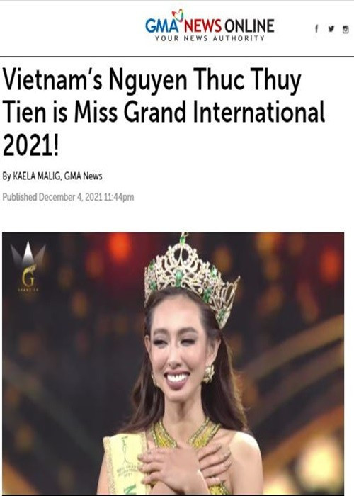 Năm 2021, loạt báo quốc tế từng đưa tin Nguyễn Thúc Thùy Tiên đăng quang Hoa hậu Hòa bình Quốc tế. Ảnh chụp màn hình.