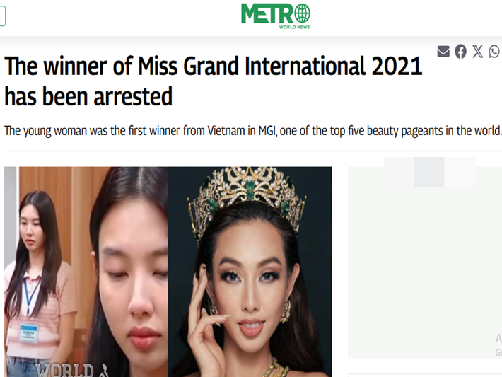 Trang tin tức quốc tế Metro World News có một bài viết riêng về vụ việc của Thùy Tiên. “Mỹ nhân đăng quang Hoa hậu Hòa bình Quốc tế 2021 đã bị bắt” là tiêu đề bài viết. Ảnh chụp màn hình.