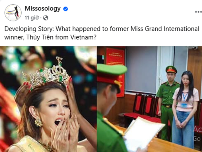 Ngày 19/5, Thùy Tiên bị khởi tố, bắt tạm giam để điều tra về tội Lừa dối khách hàng. Chuyên trang sắc đẹp quốc tế Missosology nhanh chóng đăng tải hình ảnh Thùy Tiên bị cơ quan chức năng tống đạt quyết định tố tụng. Missosology viết: “Chuyện gì đã xảy ra với Hoa hậu Hòa bình Quốc tế 2021 Thùy Tiên đến từ Việt Nam?”. Ảnh chụp màn hình.
