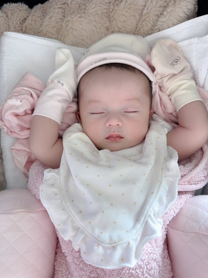 Phương Lê lần đầu khoe ảnh cận mặt con gái út khi cô nhóc 1 tháng tuổi. ""Hôm nay con được 1 tháng 1 ngày tuổi ba cho phép, mẹ cháu mới dám đăng hình cho ông bà cô chú biết mặt cháu ạ", Phương Lê cho biết.