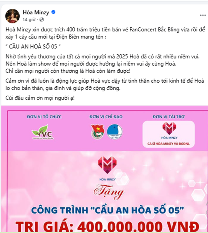 Trên trang cá nhân, Hòa Minzy vừa cho biết, cô đã trích 400 trăm triệu tiền bán vé fanconcert Bắc Bling để xây 1 cây cầu mới tại Điện Biên. Trước đó, nữ ca sĩ không ít lần làm từ thiện.