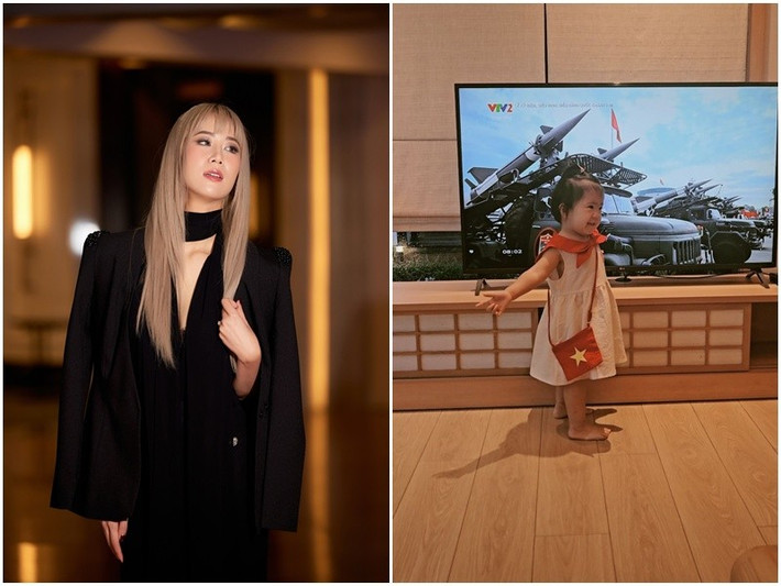 Hoa hậu Dương Thuỳ Linh cùng chồng con xem diễu binh qua màn ảnh nhỏ. Ảnh: FB Dương Thuỳ Linh.