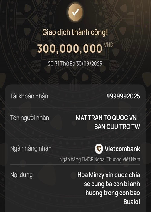 Tháng 9/2025, nữ ca sĩ quyên góp 300 triệu để khắc phục hậu quả cơn bão Bualoi.