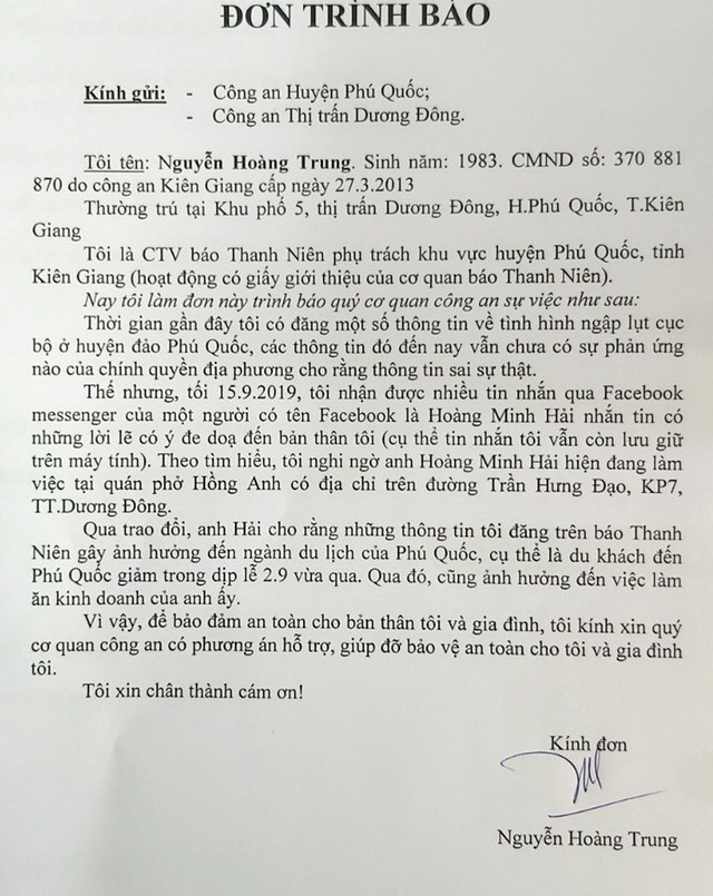 Cộng tác viên báo Thanh niên ở Phú Quốc bị chủ quán phở dọa chém vì đưa tin ngập Cong tac vien bao Thanh nien o Phu Quoc bi chu quan pho doa chem vi dua tin ngap