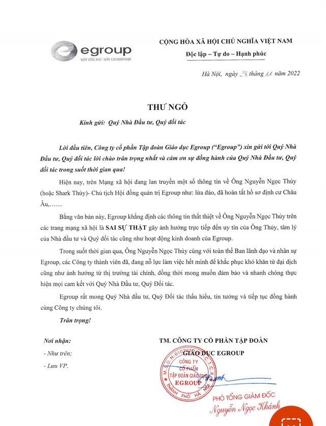 Tập đoàn Giáo dục Egroup nói gì về thông tin Shark Thủy ra nước ngoài? Tap doan Giao duc Egroup noi gi ve thong tin Shark Thuy ra nuoc ngoai?