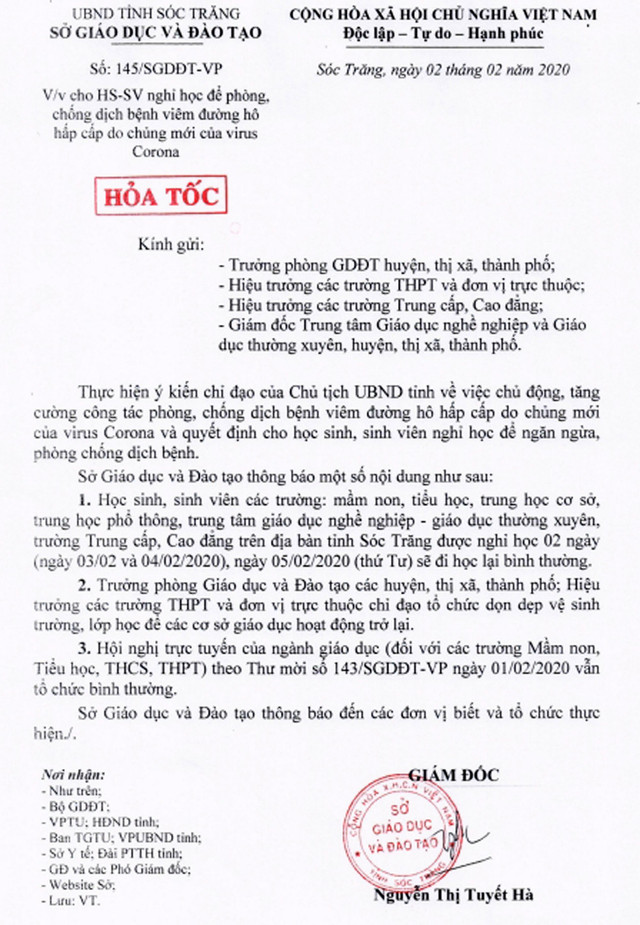 Học sinh toàn tỉnh Sóc Trăng được nghỉ học thêm 2 ngày Hoc sinh toan tinh Soc Trang duoc nghi hoc them 2 ngay