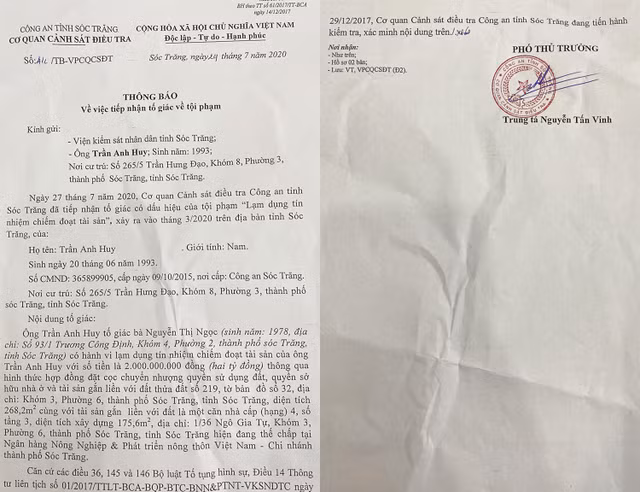 Bi to chiem doat tai san, nu giam doc khieu nai trung ta ky thong bao tiep nhan to giac toi pham