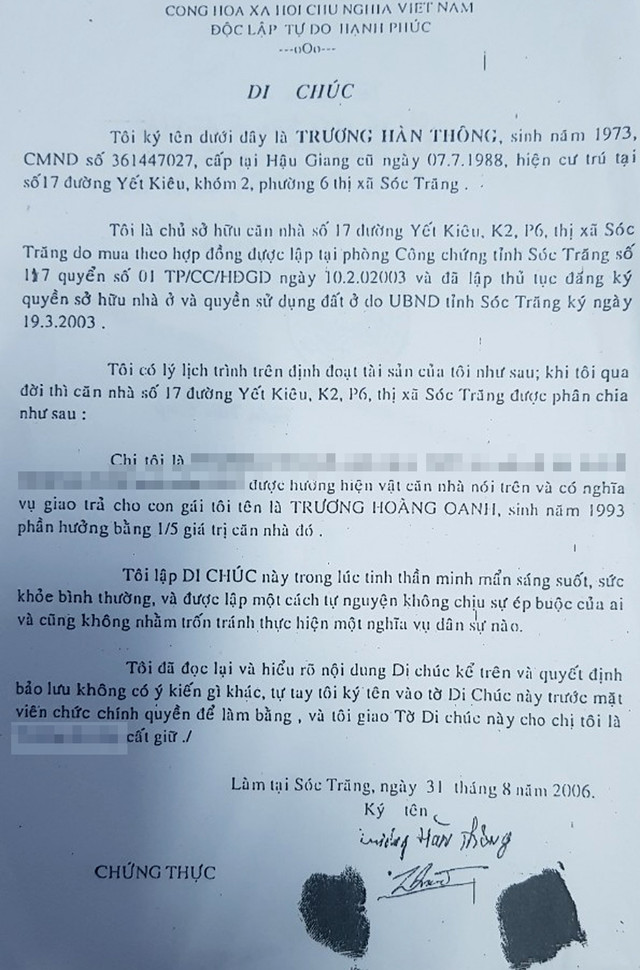 Lập di chúc cho chị ruột căn nhà, đẩy con gái vào cảnh khổ - Hình 2 Lap di chuc cho chi ruot can nha, day con gai vao canh kho-Hinh-2