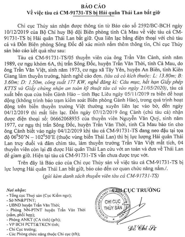 Cà Mau báo cáo về thông tin tàu cá bị Hải quân Thái Lan đâm chìm, thuyền trưởng mất tích Ca Mau bao cao ve thong tin tau ca bi Hai quan Thai Lan dam chim, thuyen truong mat tich