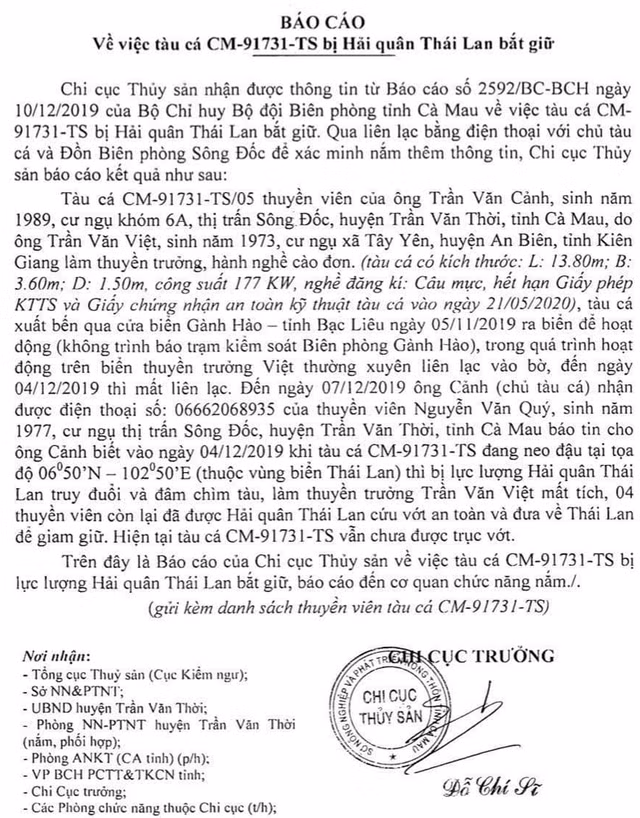 Ca Mau bao cao ve thong tin tau ca bi Hai quan Thai Lan dam chim, thuyen truong mat tich