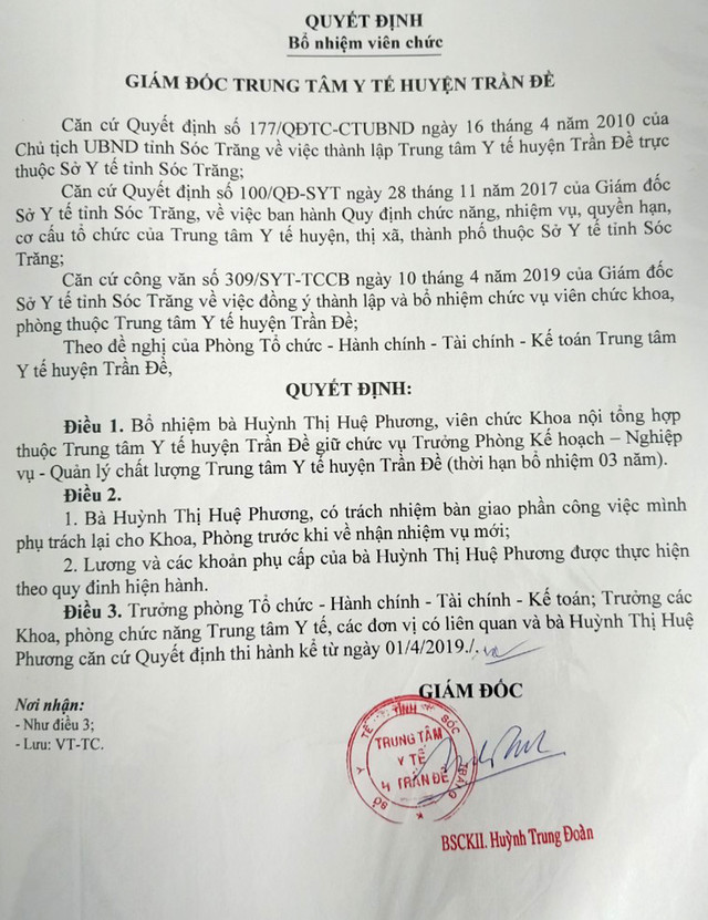 Nhiều khuất tất về bổ nhiệm nhân sự tại Trung tâm Y tế huyện Trần Đề ở Sóc Trăng - Hình 2 Nhieu khuat tat ve bo nhiem nhan su tai Trung tam Y te huyen Tran De o Soc Trang-Hinh-2