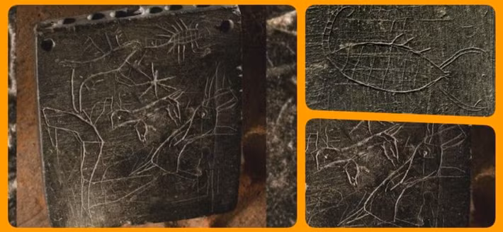 Đó là một phiến đá hình vuông, màu đen có khắc nhiều đường nét tạo hình kỳ thú, sinh động. Ảnh: @Cơ Quan Cổ Vật Thổ Nhĩ Kỳ.